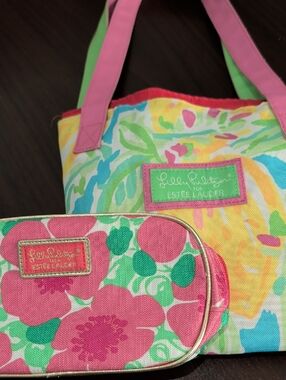 Lilly Pulitzer Pink Green Yellow Floral Tote with Pouch